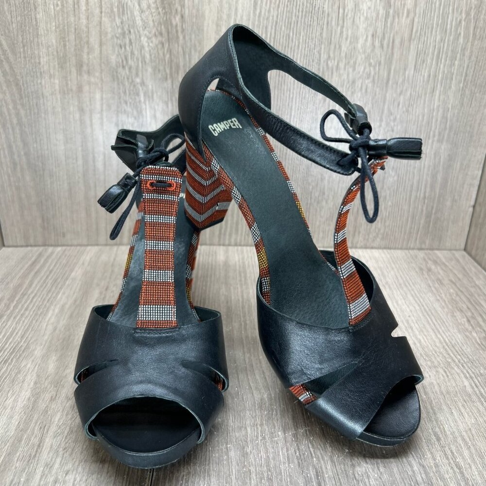 Camper Tassel Tie Boho Sandals Womens 40 Block High Heels T-Strap Leather Black